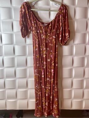 Billabong Rust Floral Off-Shoulder Midi with Puff Sleeves New no tags